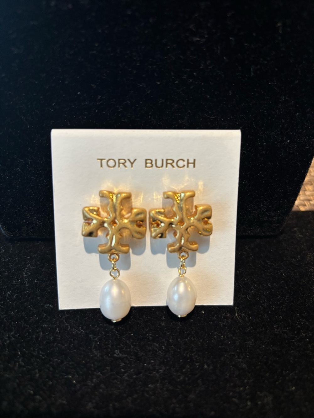 Tory Burch Gold Logo Earrings with White Pearl Drops